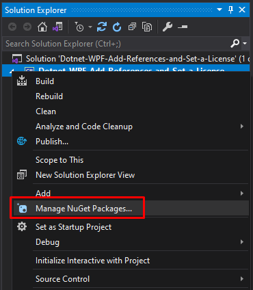 Selecting Manage NuGet Packages.
