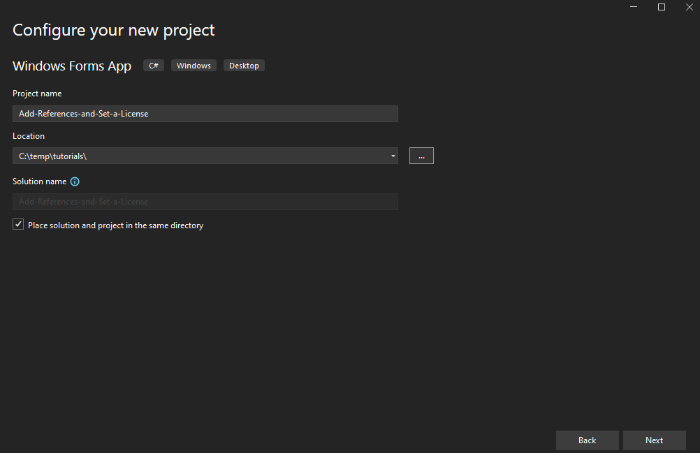 Adding the Visual Studio project name and location.