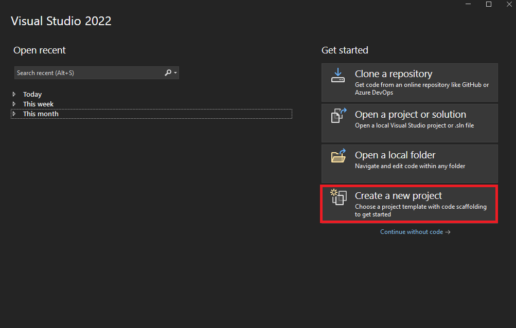 Creating a new Visual Studio project.