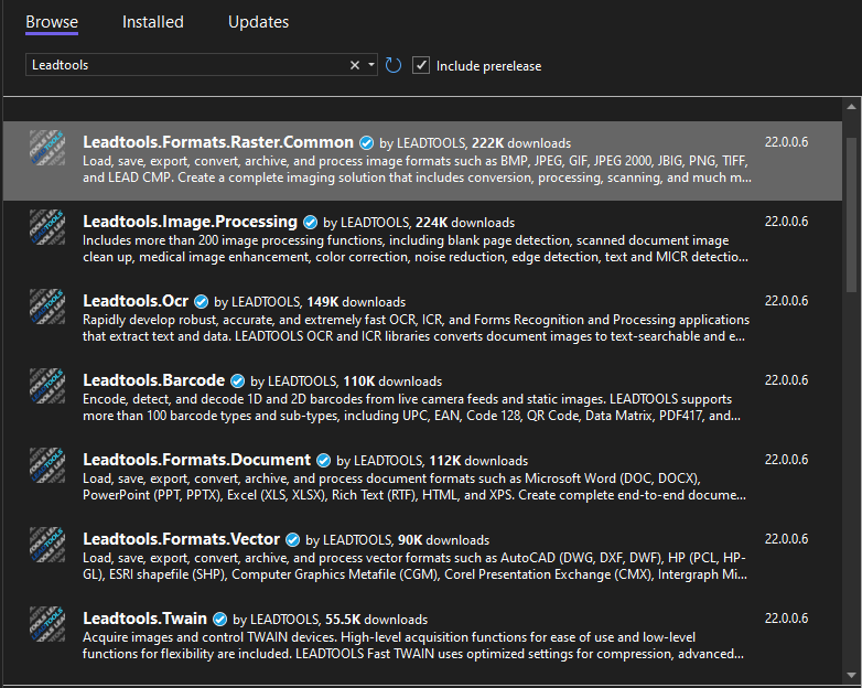 Installing LEADTOOLS NuGet packages.