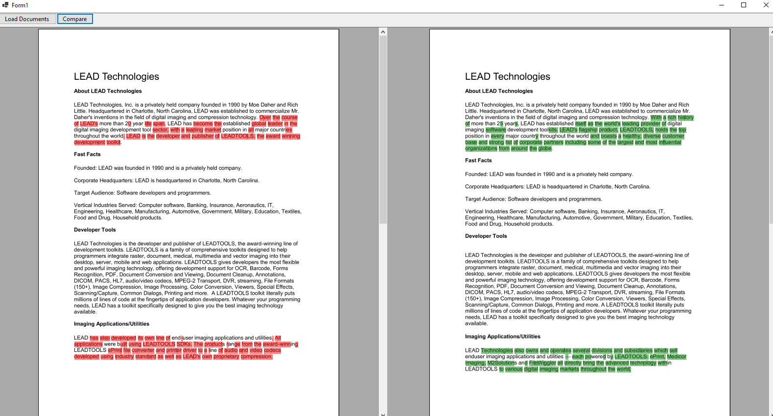 Compared documents output