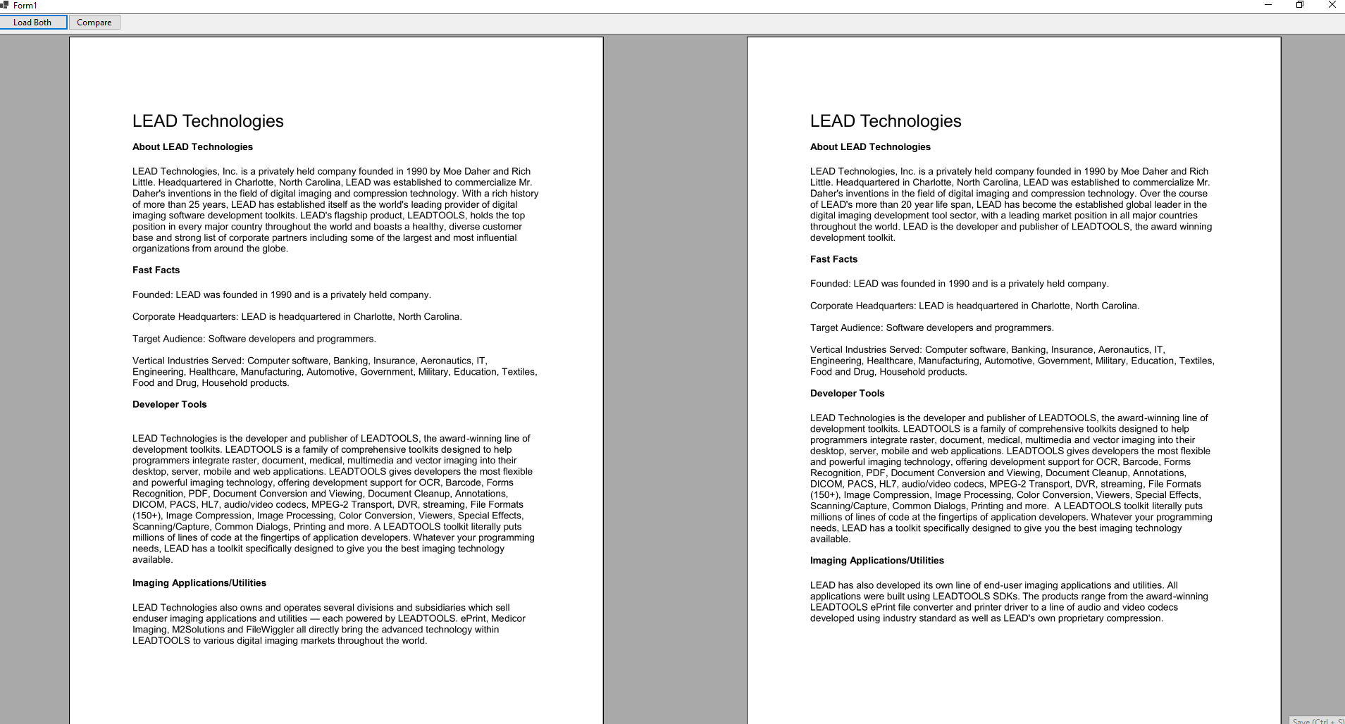 Document Comparer before the comparison