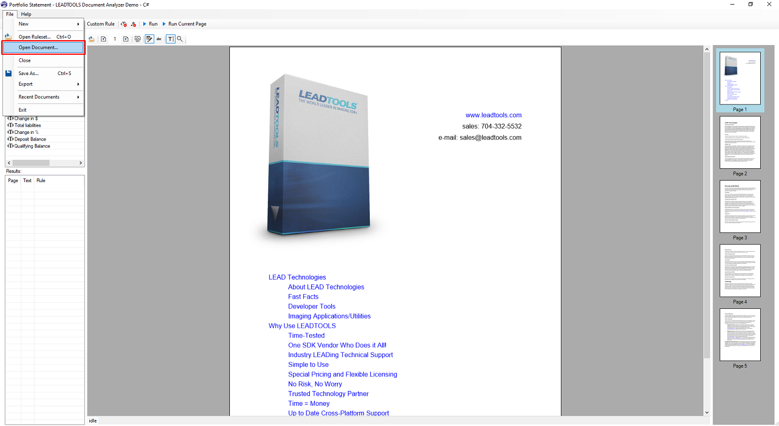 LEADTOOLS Document Analyzer Demo with leadtools.pdf loaded