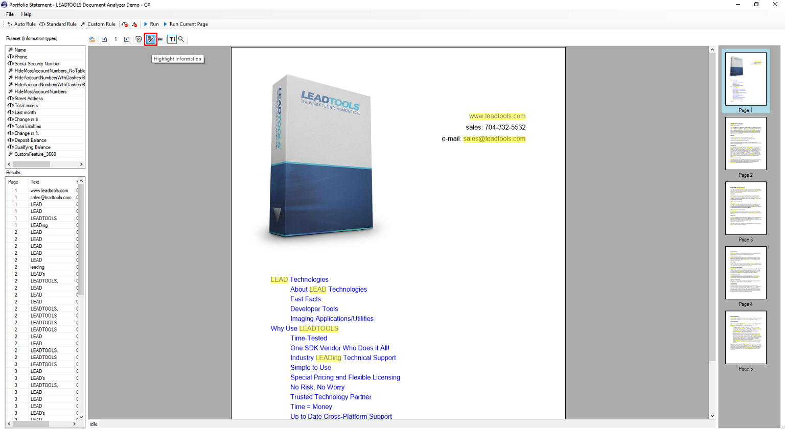 LEADTOOLS Document Analyzer Demo Showing Results After Running Highlight Ruleset