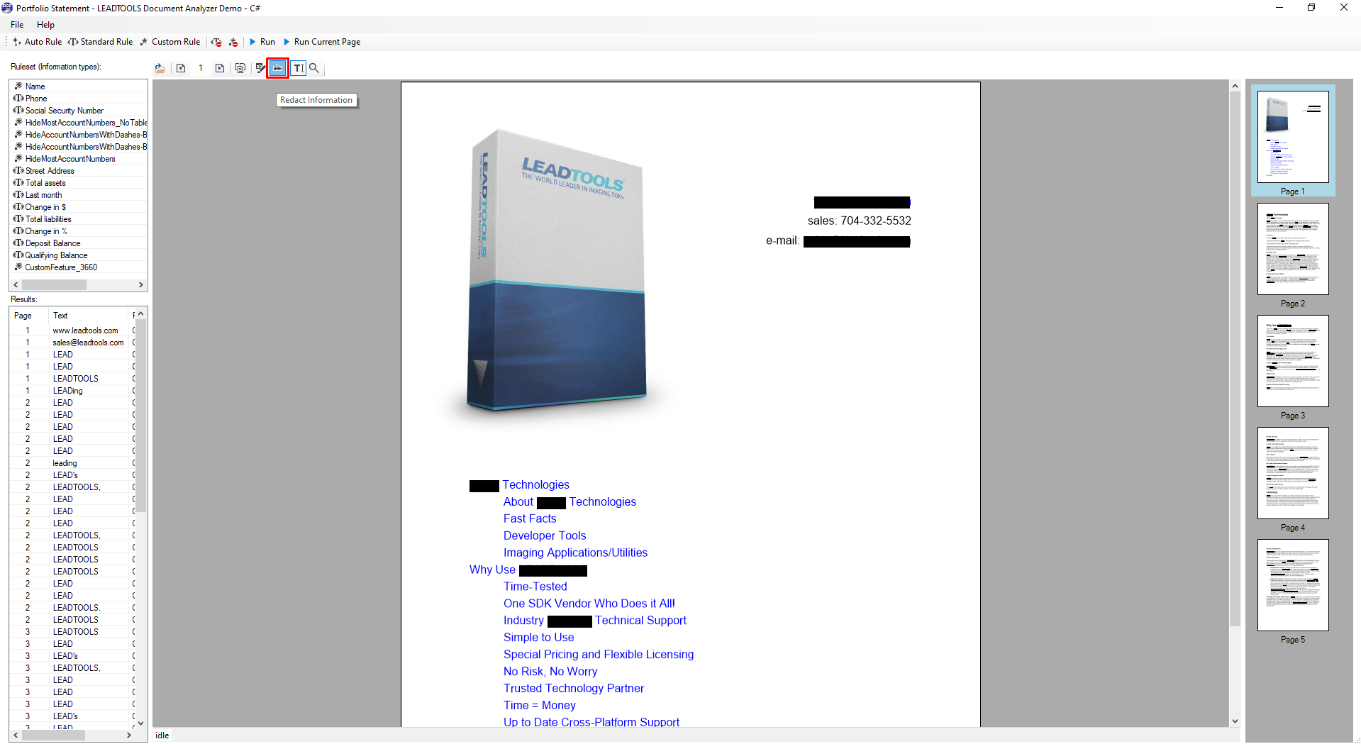 LEADTOOLS Document Analyzer Demo Showing Results After Running Redact Ruleset