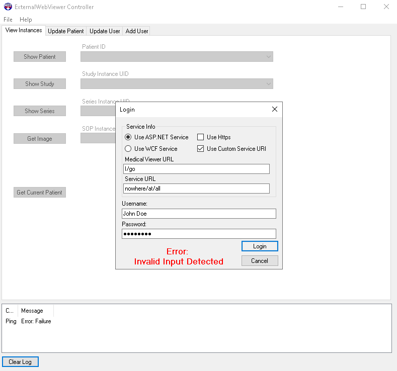 Screenshot showing the Login Dialog Incorrect URI error.