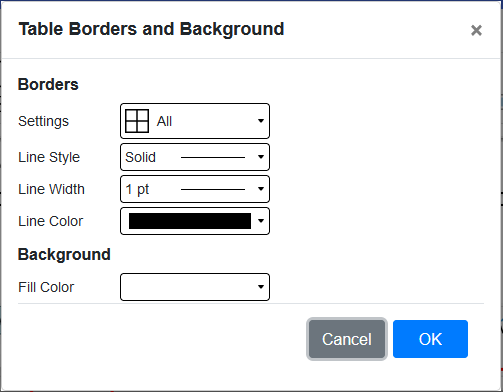 Edit the table style from the dialog box.