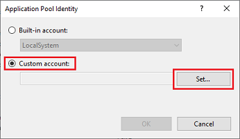 Application pool identity set custom account.
