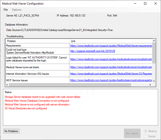 Medical Web Viewer configuration dialog box.