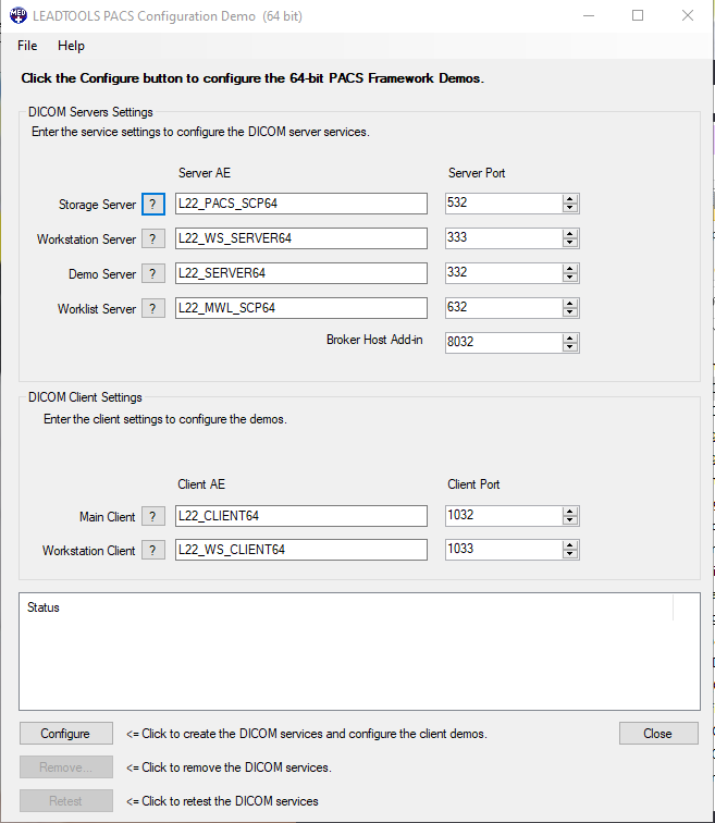 Configure the DICOM server and client settings.