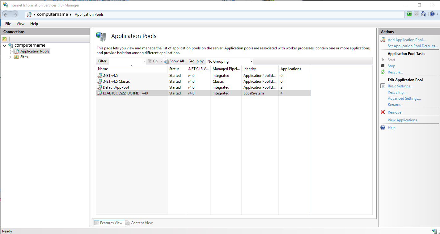 IIS manager application pools advanced settings.