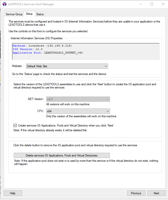 LEADTOOLS services host manager setup tab.