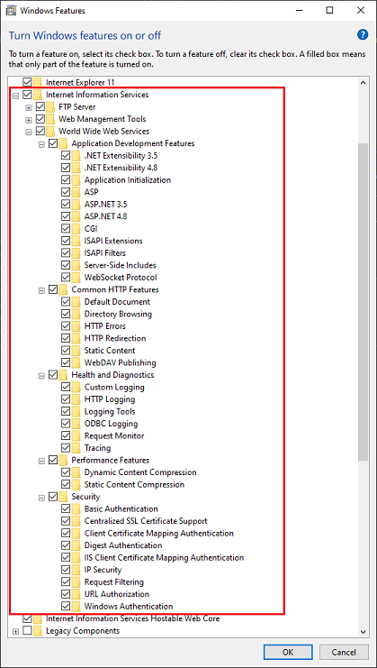 Windows features world wide web services settings.