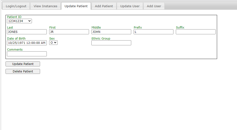 Screenshot of Update Patient Tab.