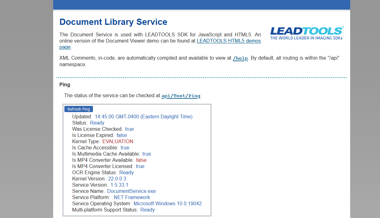 Screenshot of the webpage showing that the Document Service is running.