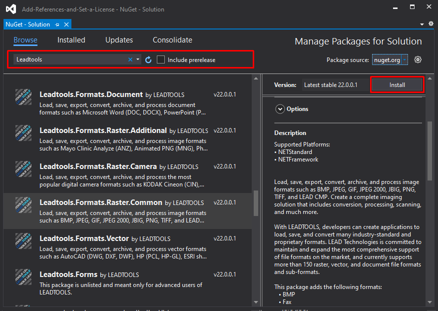 Installing LEADTOOLS NuGet packages