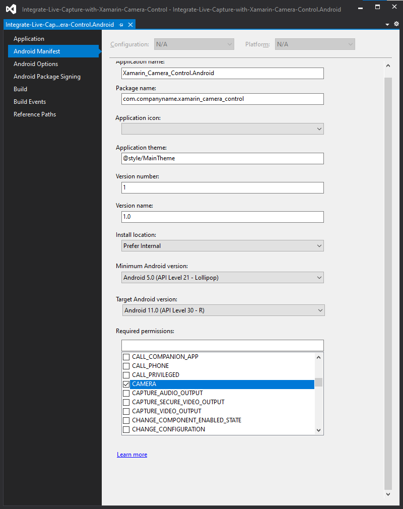 Add Camera Permissiion to Android Manifest