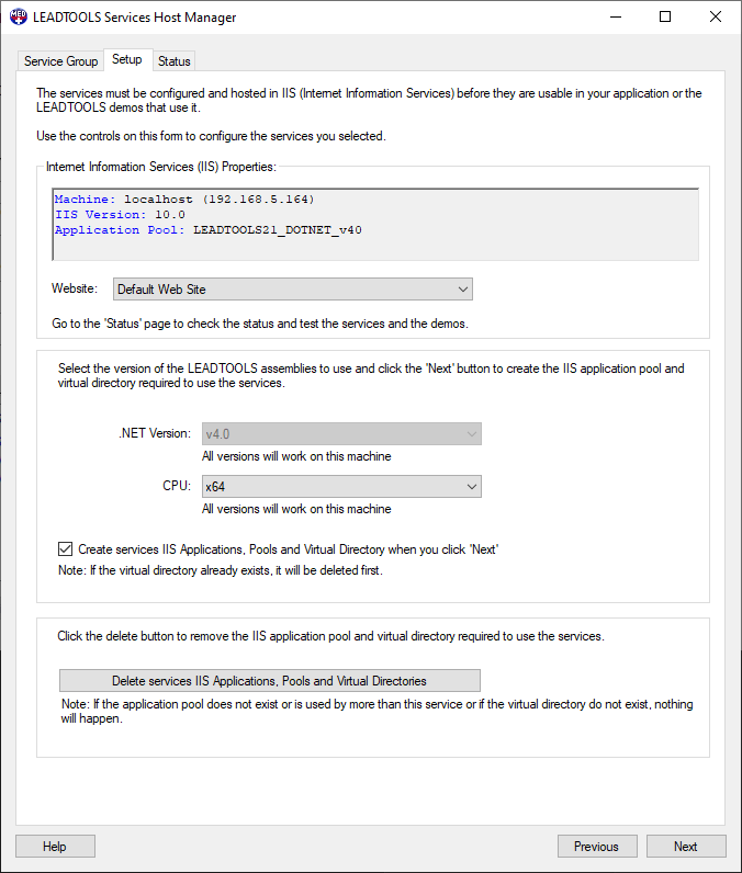 LEADTOOLS Services Host Manager Setup Tab