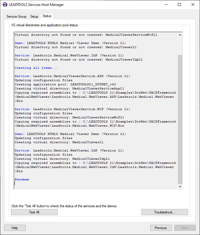 LEADTOOLS Services Host Manager Status Tab - Test All
