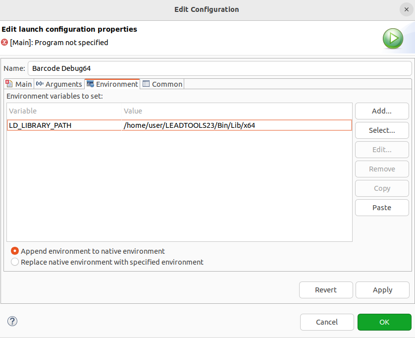 The Run Configuration Environment Tab