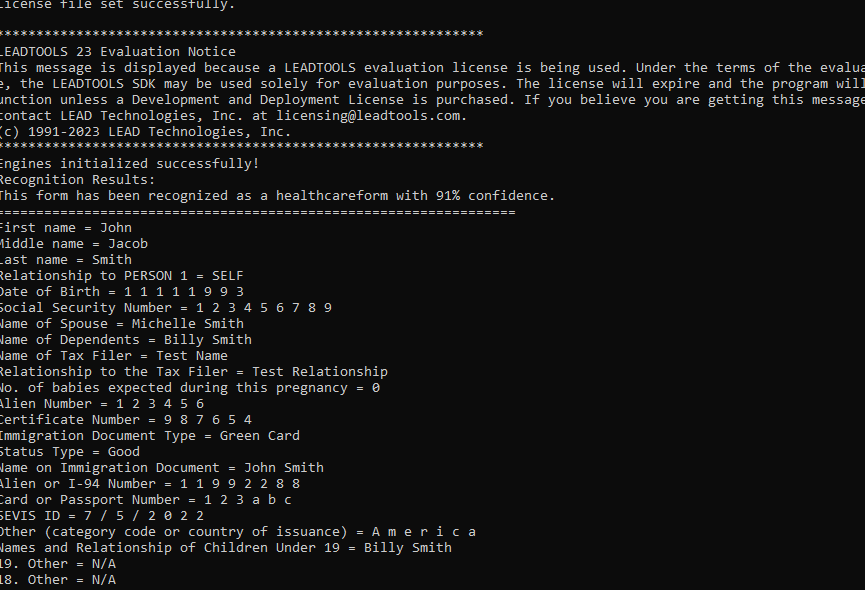 The console displays the recognized form and the parsed results from the filled form