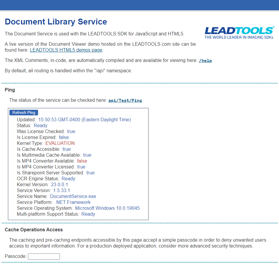 Screenshot of the webpage showing that the Document Service is running.