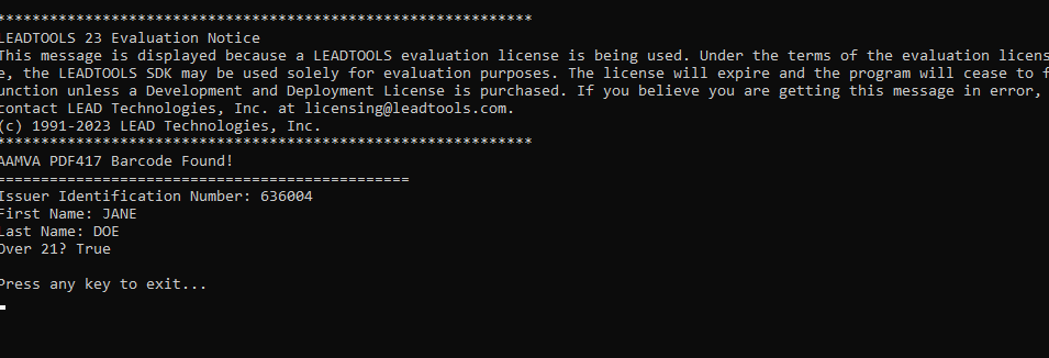 Extracted PDF417 barcode data displayed to the console.