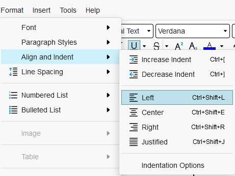 Screenshot of Alignment dropdown menu.