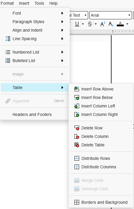 Edit the table format from the menu.