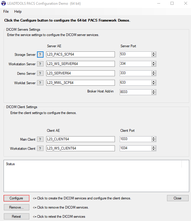 Configure the DICOM server and client settings.