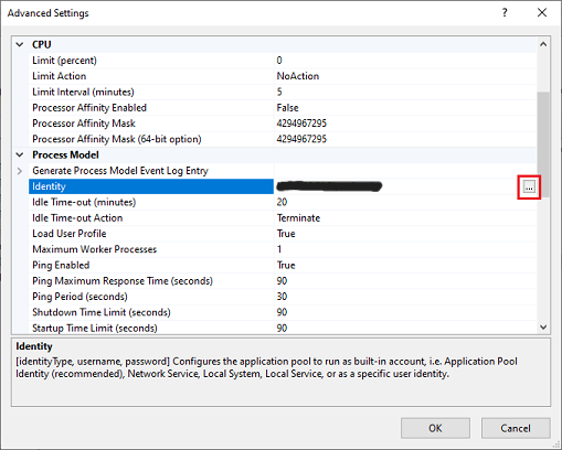 IIS manager advanced setting identity.