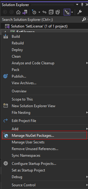 Selecting Manage NuGet Packages