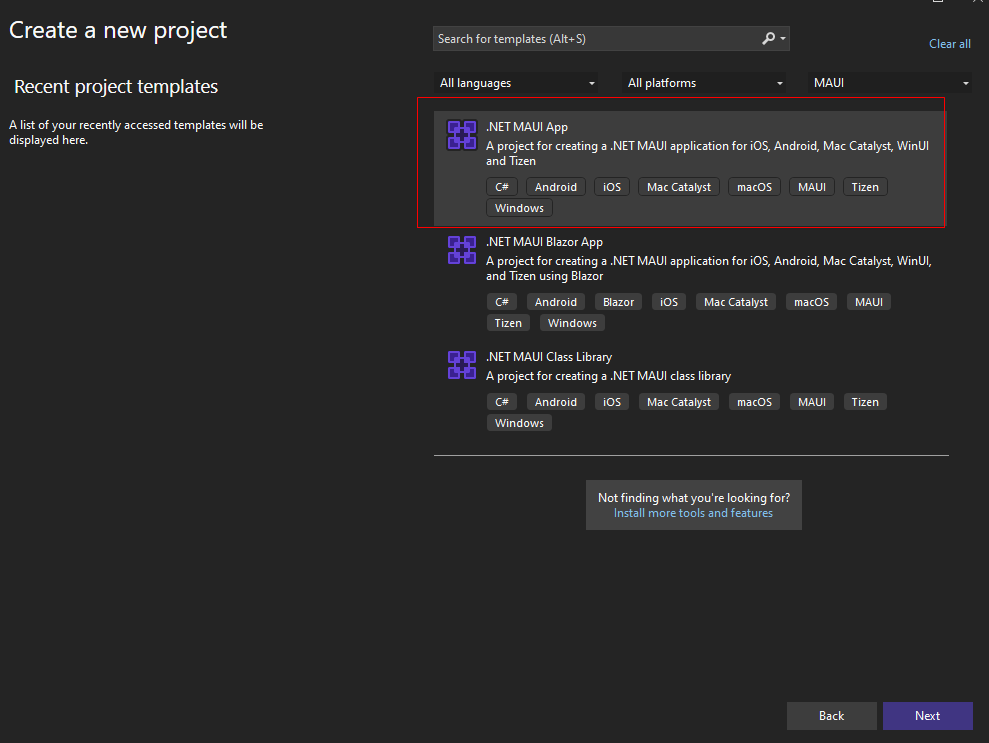 Select .NET MAUI app and click Next