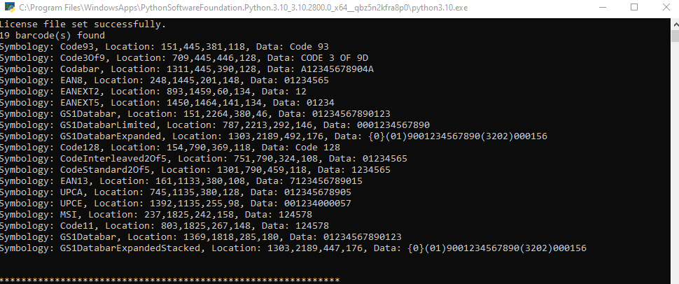 The application runs and the console detects the barcodes and displays the extracted information