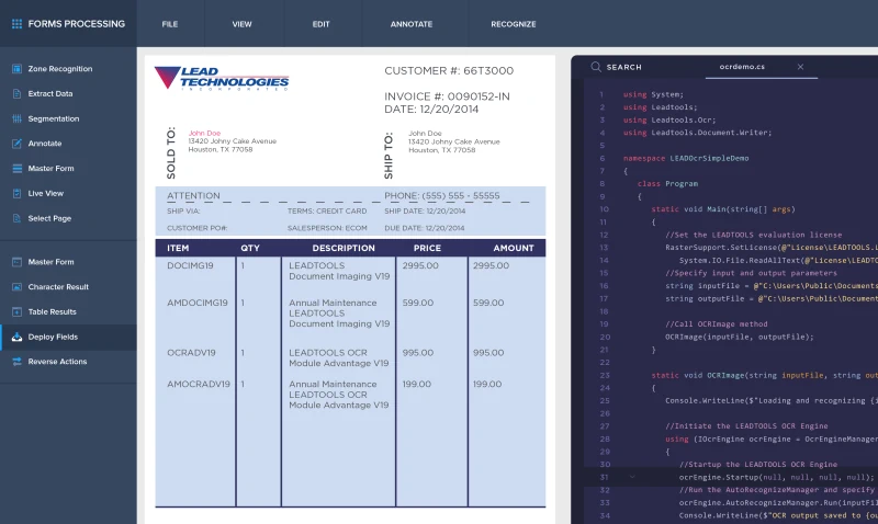 Image of an invoice in the LEADTOOLS Forms engine with example code.